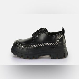 Buffalo London Black Vegan Faux Leather Platform Loafers with Silver Rivets